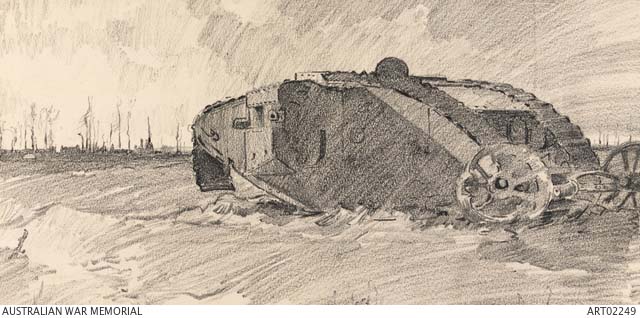 Croquis au crayon d'un char britannique Mark 1 femelle