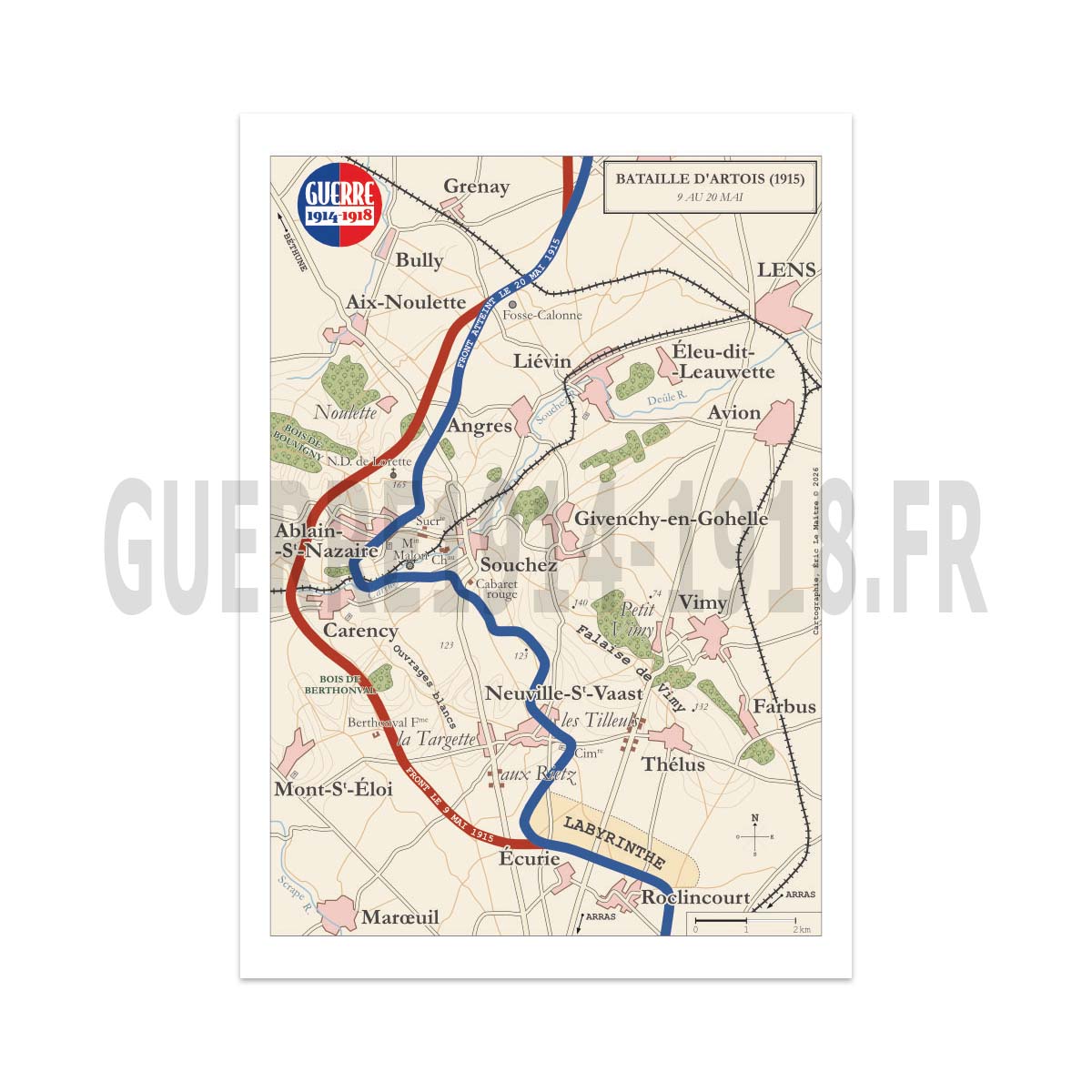 Carte historique de l'offensive d'Artois 1915 montrant la ligne de front du 9 mai et du 20 mai, cartographie d'Éric Le Maître.