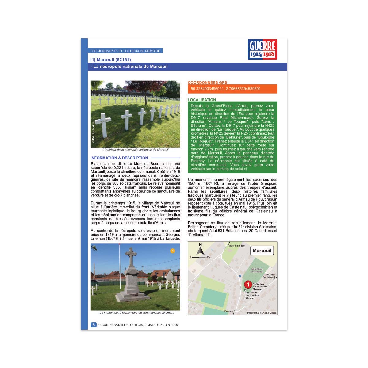 Page du guide historique montrant des photographies et informations sur la nécropole nationale de Maroeuil, cimetière militaire de la Première Guerre mondiale en Artois.